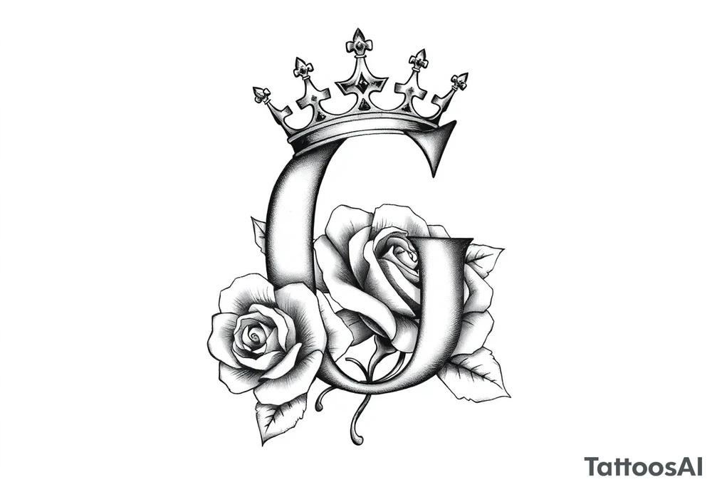 a capital G letter with a crown tilted to the left of it with a rose behind it tattoo idea