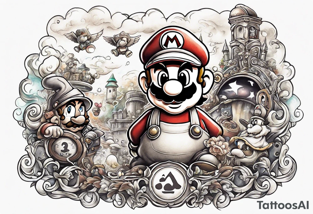 Mario brothers with ghosts and goombas with canons tattoo idea