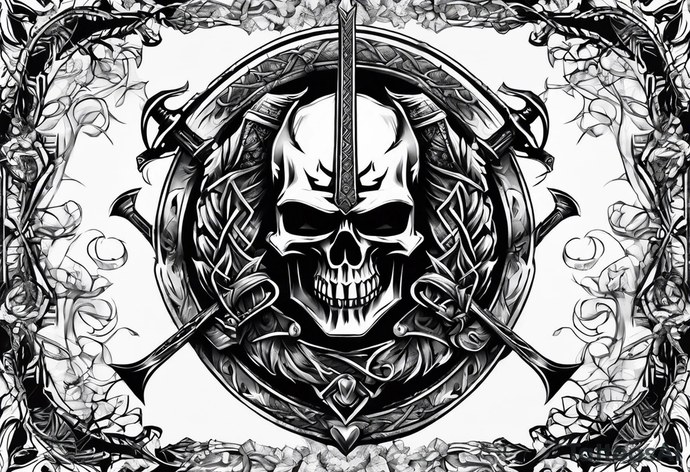 Valhalla sword shield axe barbed wire tattoo idea
