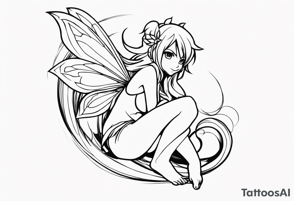 No color sketch of a fairy with a tail inspired by the guild symbol in the anime show called Fairy Tail in a fetal position leaning in and forward while crawled in tattoo idea