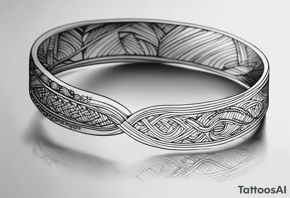 Design a tattoo sketch in a realistic style, depicting a bracelet wrapped around the wrist. The bracelet should have detailed features, such as intricate patterns, textures, and shadows, giving it a lifelike appearance. The design should look like it's naturally sitting on the skin, with attention to the curve of the bracelet and the way it interacts with light and shadow. The overall style should be elegant and refined, capturing the essence of a real bracele tattoo idea