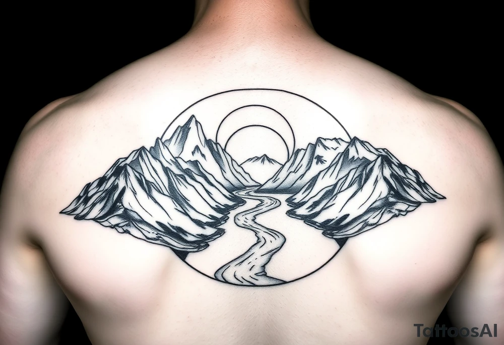 mountais. rive and sunrise, devide it in one circule tattoo idea