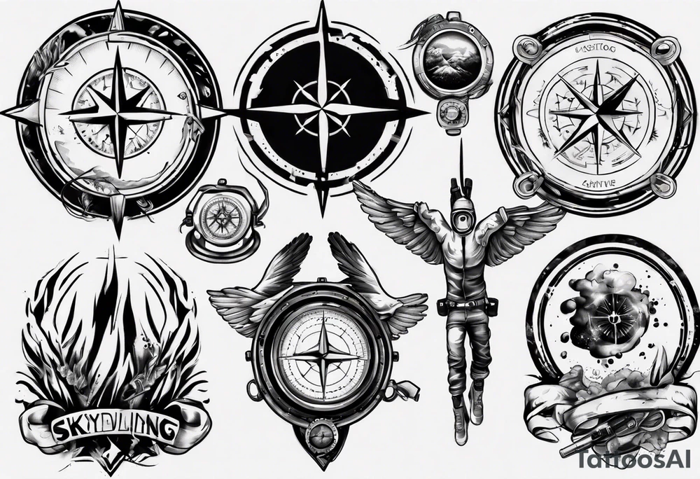 skydiving, shooting guns, compass, adventure tattoo idea