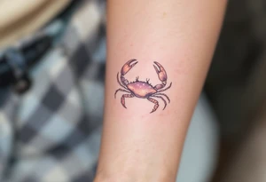 A soft pink sky background frames a hand-poked Cancer constellation with a faint gray crab outline. tattoo idea