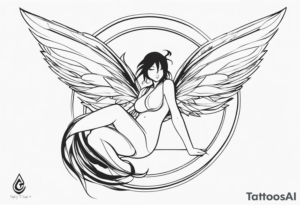 No color sideways sketch of a fairy with a tail inspired by the guild symbol in the anime show called Fairy Tail in a fetal position leaning forward while crawled in with hands a bit forward and her body is an angle while floating in the air with big wings tattoo idea