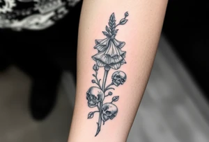 Aconitum flower going up the arm with details gothic style with skulls tribal tattoo idea