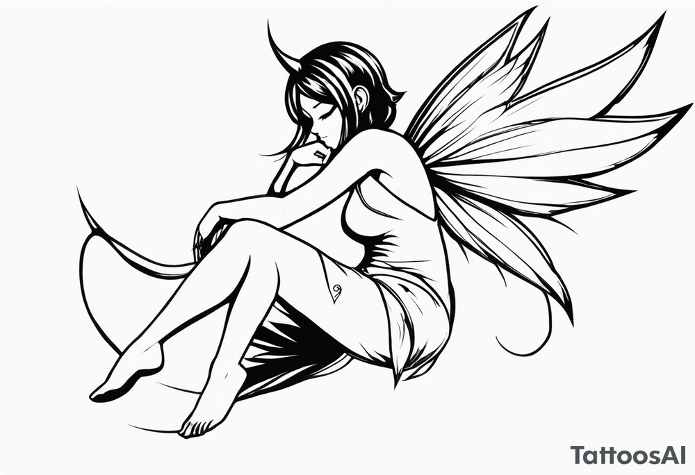 No color sketch of a fairy with a tail inspired by the guild symbol in the anime show called Fairy Tail in a fetal position leaning forward while crawled in and her body is an angle while floating in the air with big wings tattoo idea