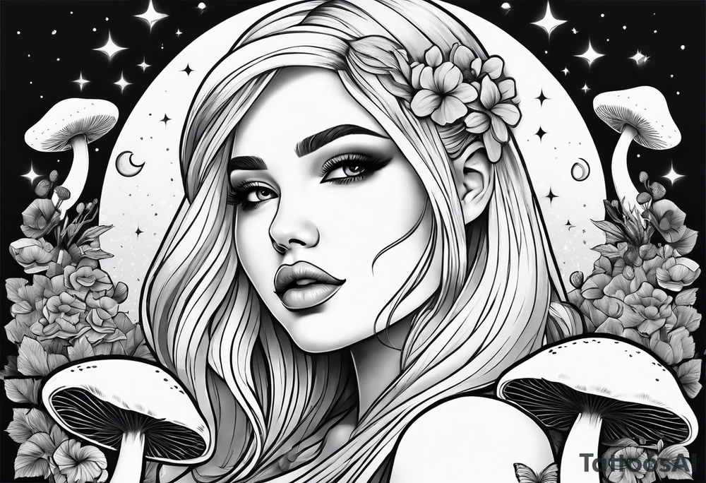 Blonde chubby Girl surrounded by mushrooms crescent moon background tattoo idea