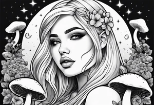 Blonde chubby Girl surrounded by mushrooms crescent moon background tattoo idea