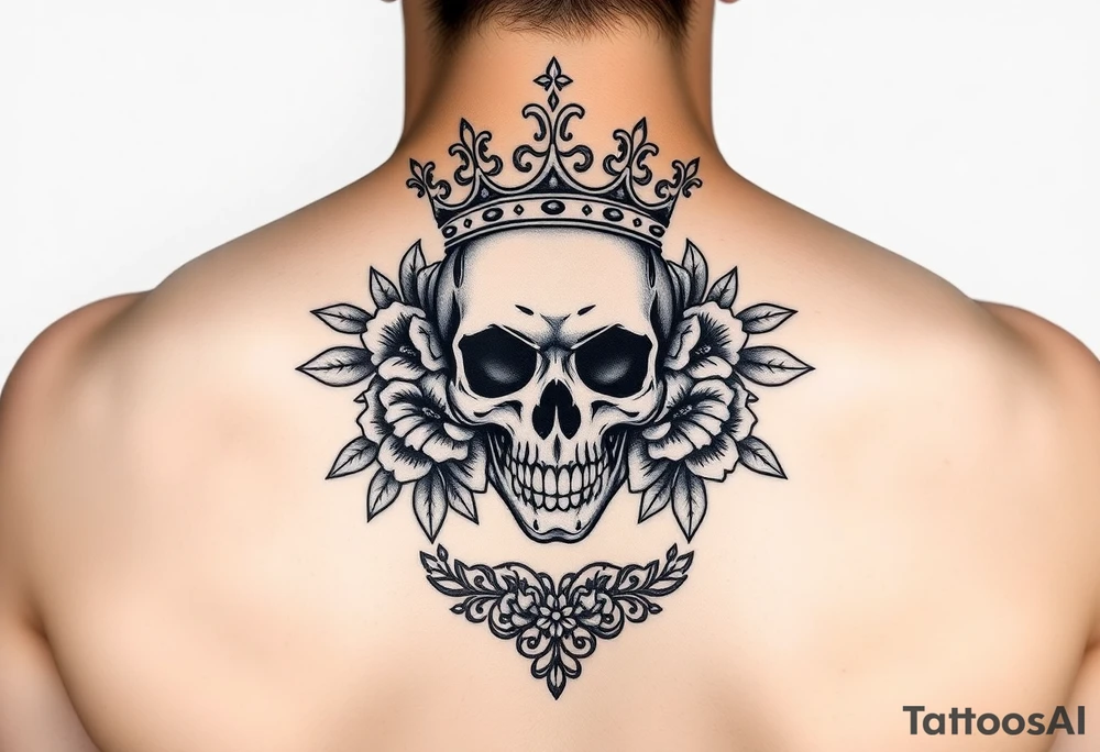 Beautiful elegant skull with crown surrounded by flowers with lace underneath tattoo idea