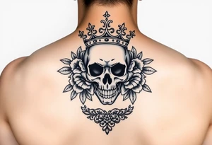 Beautiful elegant skull with crown surrounded by flowers with lace underneath tattoo idea