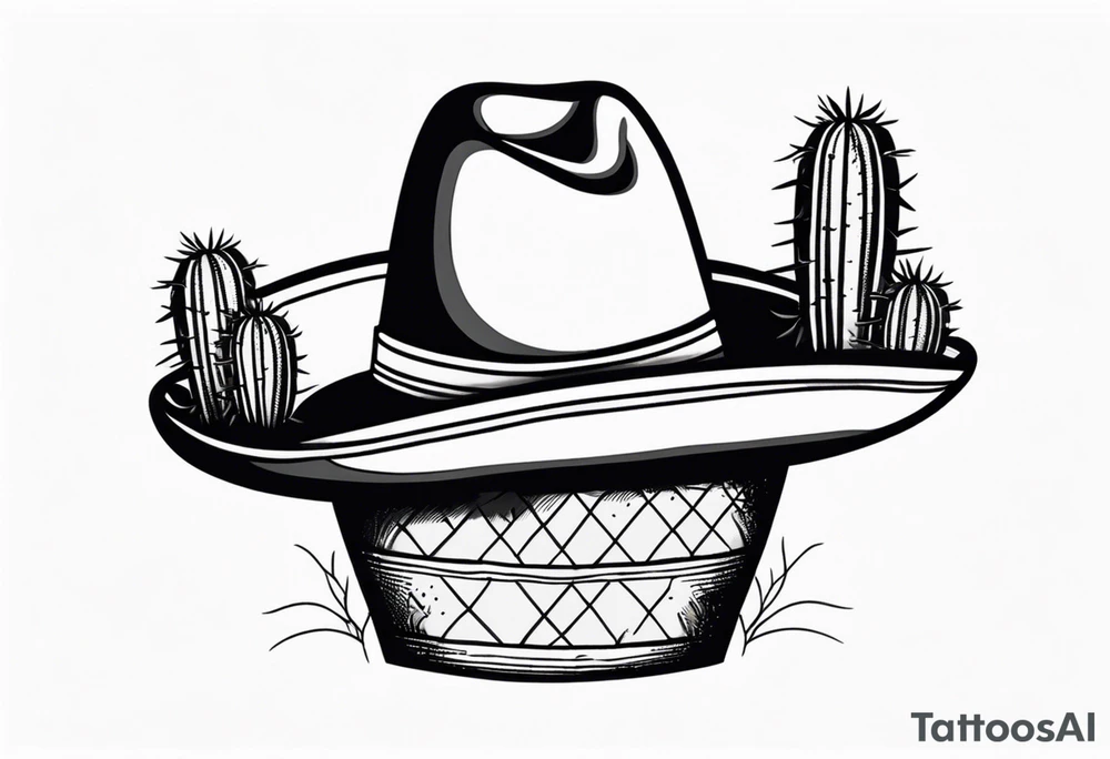 Cactus in a pot wearing a sombrero black and grey tattoo idea