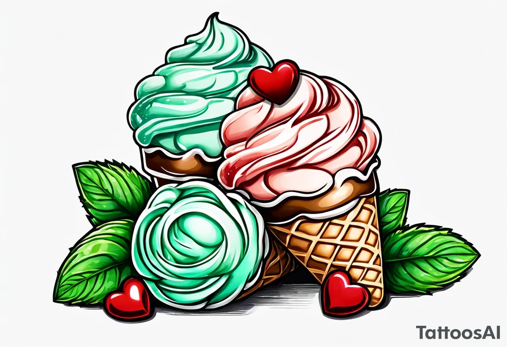 mint chocolate chip ice cream cone with small red heart on it somewhere. tattoo idea