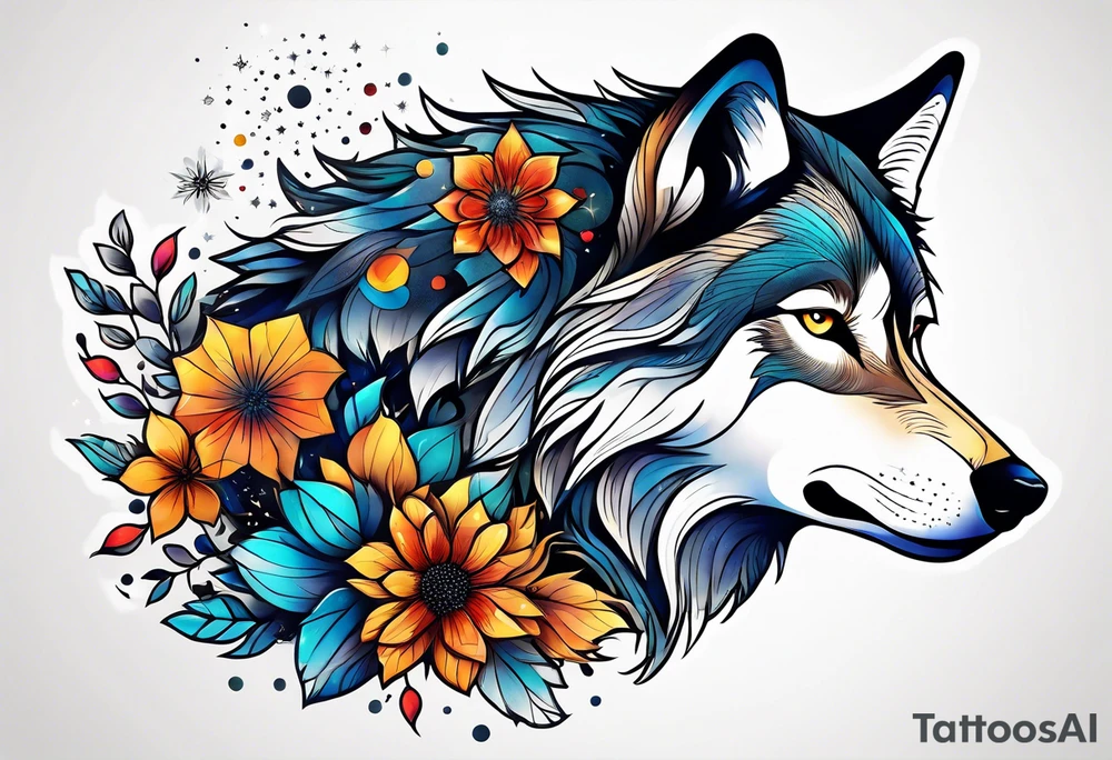 Constellation, animal wolf snow , géométric , flower tattoo idea
