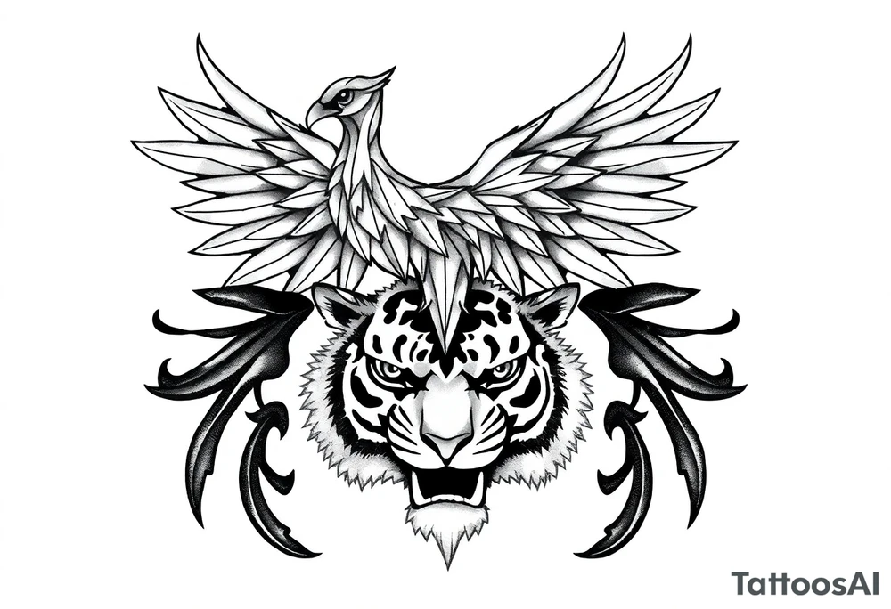 a geometric phoenix over a tiger's head tattoo idea