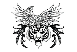 a geometric phoenix over a tiger's head tattoo idea