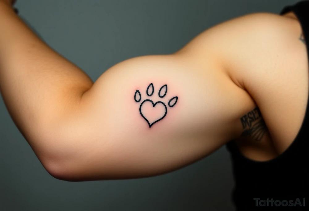A simple black-line paw print with clean, thin strokes for a timeless and elegant minimalist design forming a heart tattoo idea