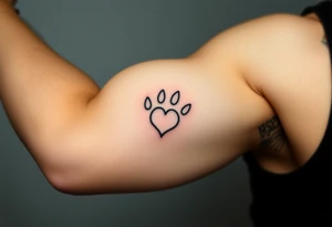 A simple black-line paw print with clean, thin strokes for a timeless and elegant minimalist design forming a heart tattoo idea