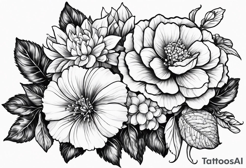 Begonia flower, hydrangeas, marigolds, gerber daisies, rose, lily tattoo idea