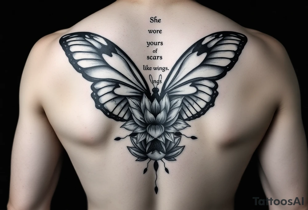 butterfly with cracked wings and lotus flower with quote that says “she wore her scars like wings” all down spine but very elegant towards lower back and small tattoo idea