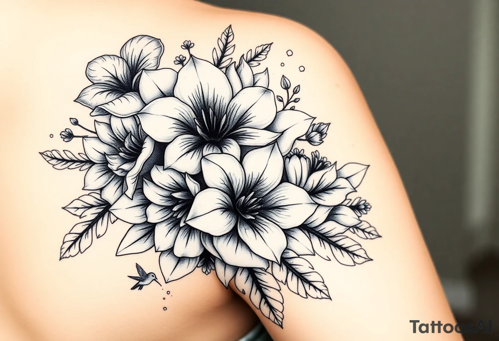 Can you create an image of a tattoo that will go on my upper arm including the following floral arrangement done very light handed and with soft lines- 1 large violet, 1 large carnation, 1 large lily of the valley, 1 large narcicuss, 1 medium carnation, 1 medium violet, 1 small dafodil, 2 small water lillies, and 1 small chrysanthemum. Add a small hummingbird drinking out of the large narcicuss. I want it on my upper right arm on the outside but slightly wrapping around the outer arm. I would like some greenery to fill in spaces as well. Make it large enough to fill my upper arm. I want the flowers to have dramatic and realistic shading. Make the tattoo more vertical than horizontal and put it on a female's arm with medium tan skin. tattoo idea