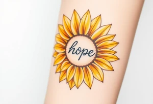 A radiant sunflower with golden-yellow petals, its center detailed with intricate spirals and word "hope", symbolizing resilience and joy tattoo idea