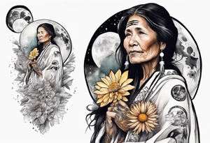 a beautiful 50-year-old Anishinaabe woman wearing black and white robes standing on the moon with a chrysanthemum tattoo idea