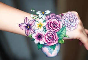 African violet, Daisy, Lily of the valley, Rose, hydrangea in a flower pot. Light color shading tattoo idea