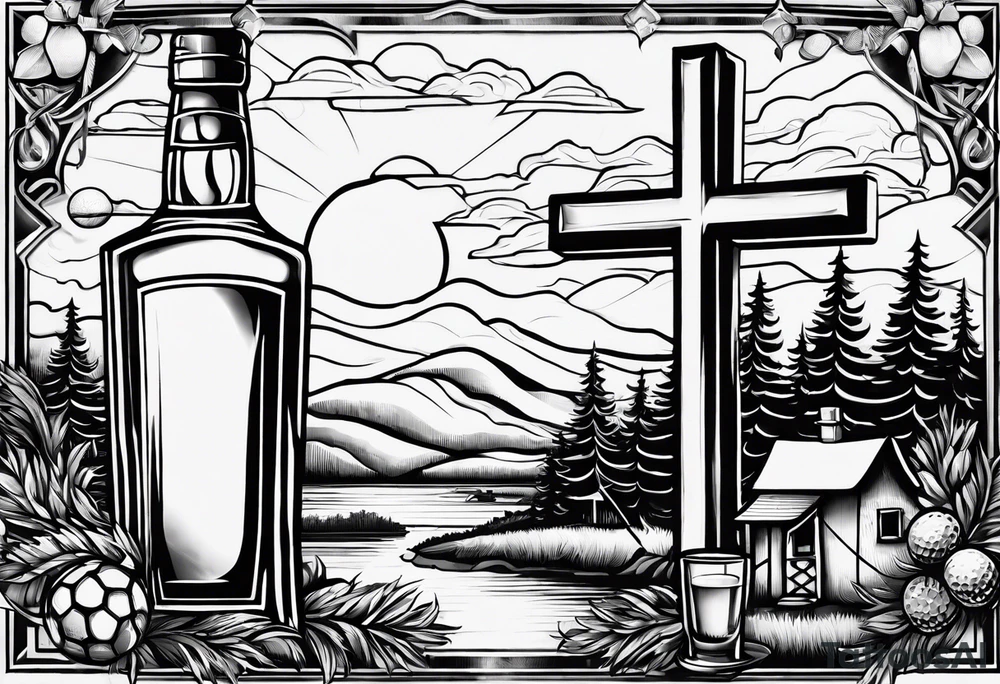 cross with whiskey glass, golf club, camp fire and cabin in the quandrants tattoo idea