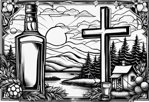 cross with whiskey glass, golf club, camp fire and cabin in the quandrants tattoo idea
