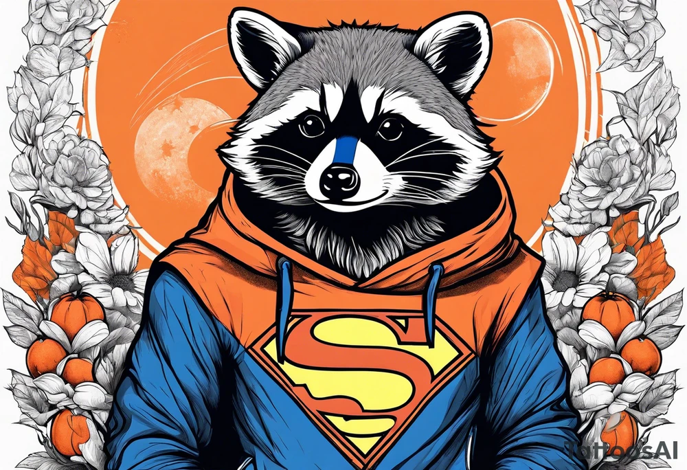 Raccoon wearing an orange Superman hoodie tattoo idea