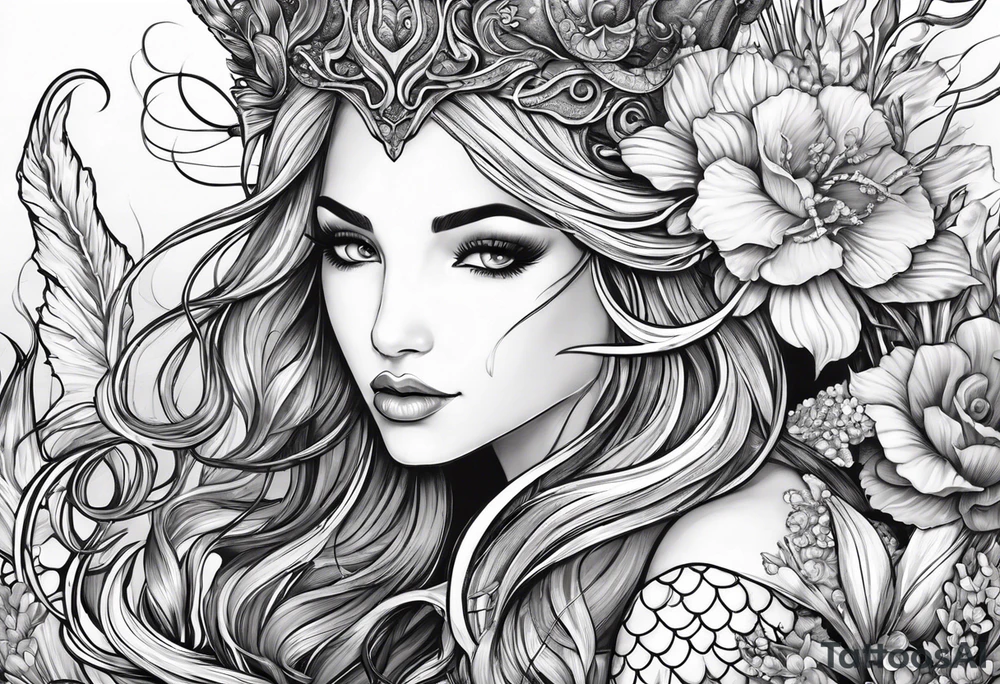 Mermaid face and half body looking at seahorse both on side profile. Trident near hair, horns coming from head. Flowers and reeds, tattoos on skin, big lips and eyes tattoo idea