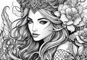 Mermaid face and half body looking at seahorse both on side profile. Trident near hair, horns coming from head. Flowers and reeds, tattoos on skin, big lips and eyes tattoo idea