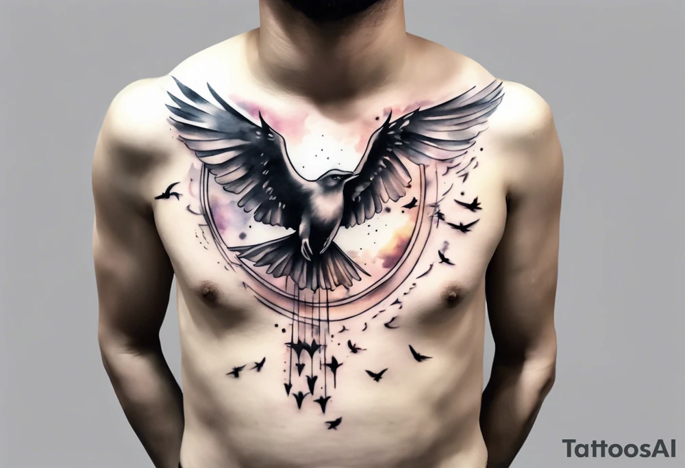 a shoulder tattoo with lots of rays of light in gradient starting from the middle
, clouds and birds flying free tattoo idea
