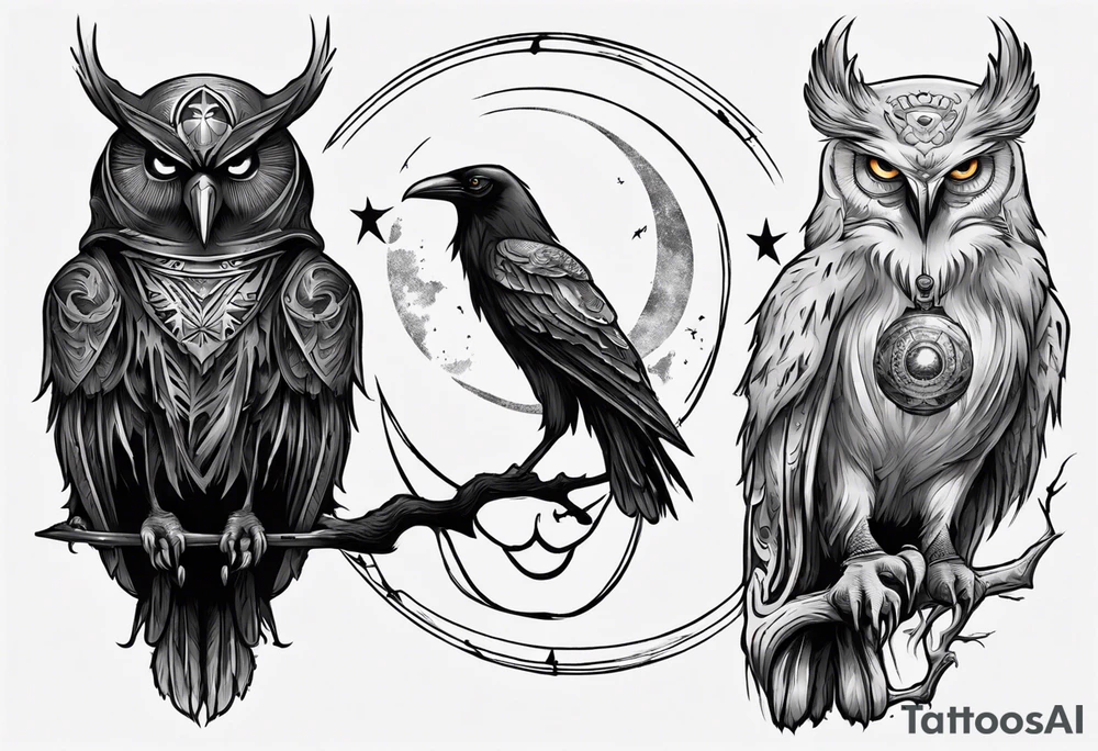 Raven on the left. Owl on the right. Mystic. Dark Demonic Energy. The Moon. tattoo idea