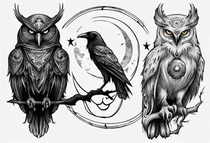 Raven on the left. Owl on the right. Mystic. Dark Demonic Energy. The Moon. tattoo idea