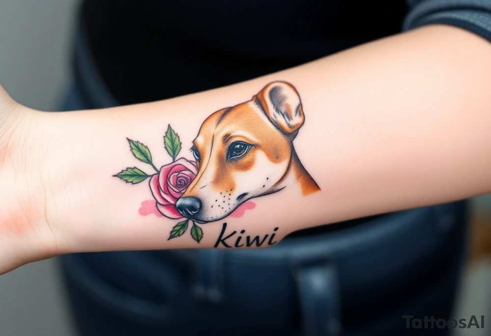 Cute female  large hound dog mix Brindle dog with the name kiwi . And a tiny rose around her . With her ears pointy a little big tattoo idea