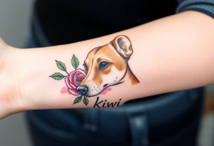 Cute female  large hound dog mix Brindle dog with the name kiwi . And a tiny rose around her . With her ears pointy a little big tattoo idea