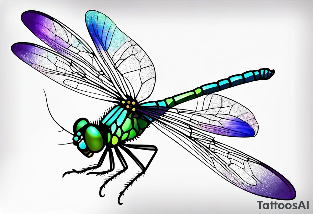 Purple green blue dragonfly, watercolors, minimalistic tattoo idea