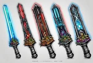 3 starwars lightsabers with each one being the birth month color for May, July, January tattoo idea