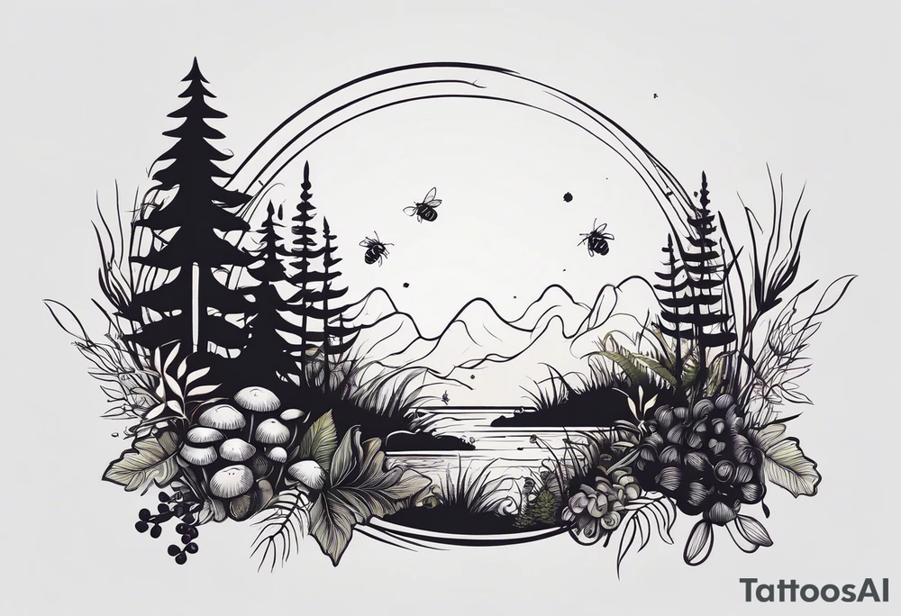 forest floor inspired minimalist tattoo, which includes grass, curly ferns, moss and dead leaves as the bulk of the tattoo. details to include: forest berries, a tiny bumblebee flying nearby, three small brown mushrooms
Generate a vertically long one tattoo idea