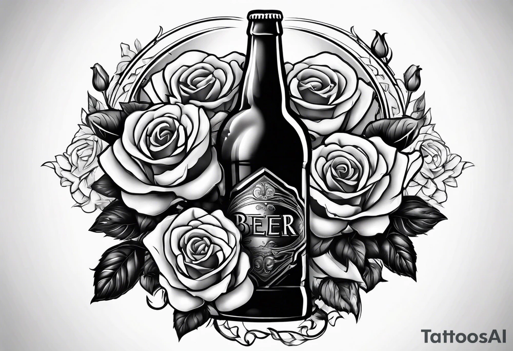 A bottle of beer and a stalk of rose in the bucket tattoo idea