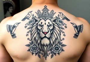 powerful majestic lion with a crown, surrounded by floral ornaments and birds tattoo idea