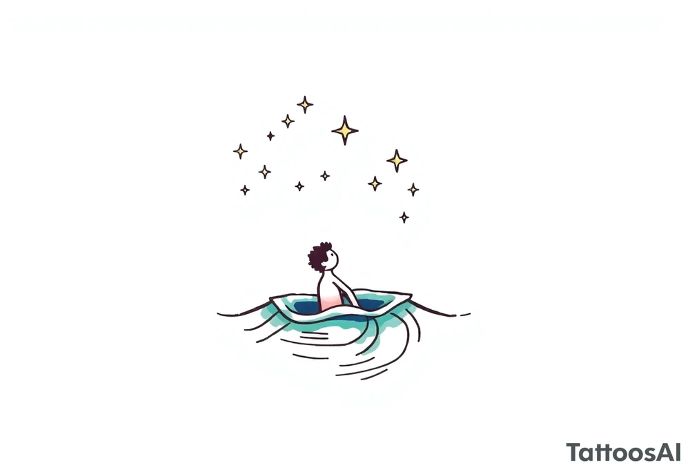 Simple line of water with a person coming out of the water with a night sky and shining stars tattoo idea