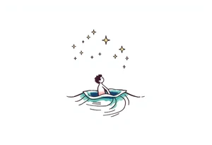 Simple line of water with a person coming out of the water with a night sky and shining stars tattoo idea