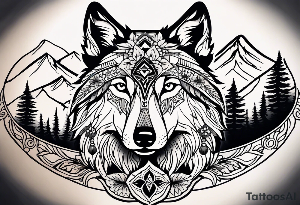 A whimsical wolf tattoo featuring mandala or dream catcher elements, with the wolf as the central focus, surrounded by mountains in the background. Include flowers and nature elements to fill the space around the wolf. Some color but not completely solid bold color tattoo idea