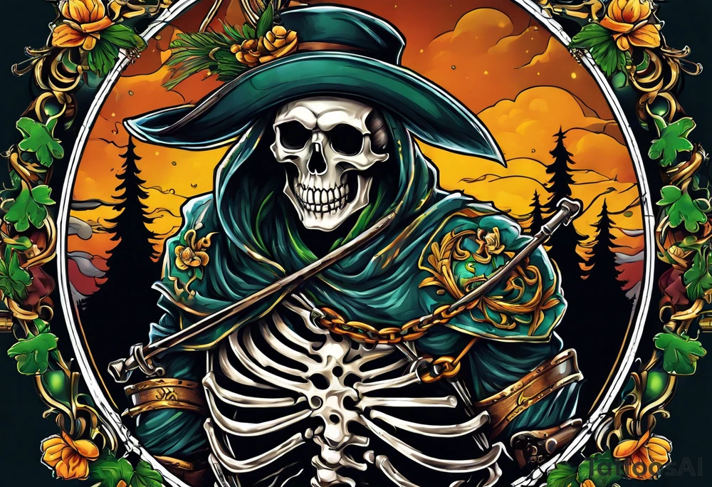 full color illustration of an irish skeleton pulling on a chain fall tattoo idea