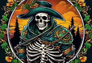 full color illustration of an irish skeleton pulling on a chain fall tattoo idea