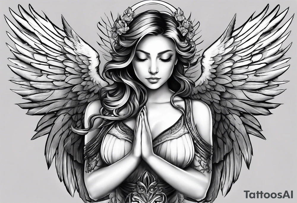 Angel who is meditating, one wing is an angelic angel wing, the other is a demon wing tattoo idea