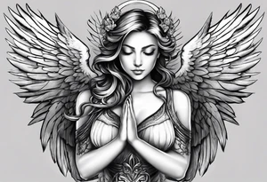 Angel who is meditating, one wing is an angelic angel wing, the other is a demon wing tattoo idea